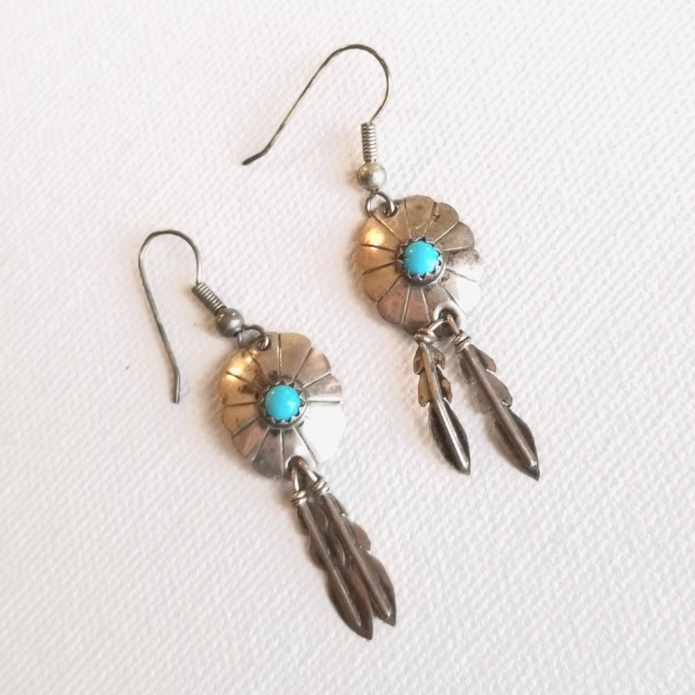 Vintage native handmade teal feather earrings